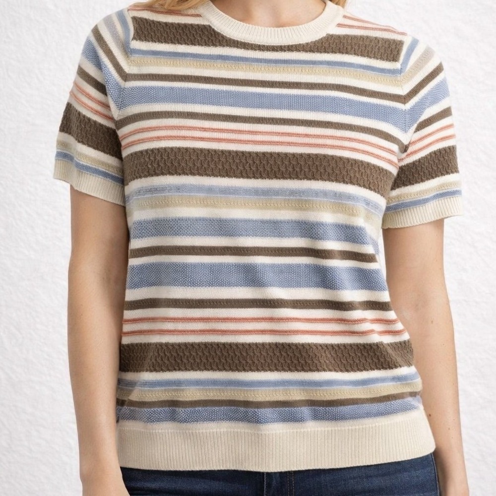 Alfred Dunner Petite Striped Short Sleeve Knit Sweater Blue Brown Cream Top